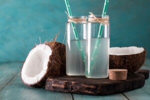 Sliced Coconuts With Glassed Coconut Water